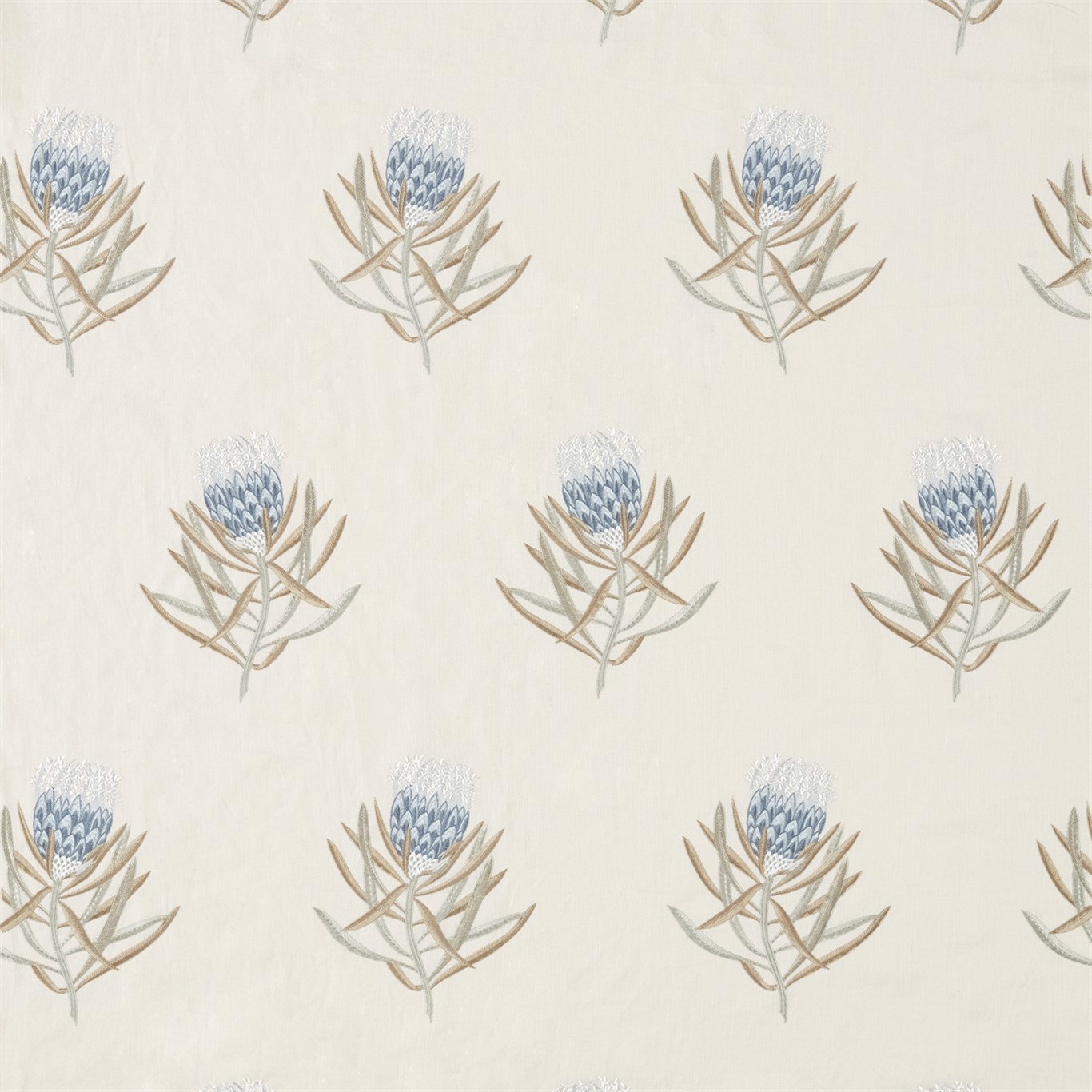 Protea Flower China Blue/Linen Fabric by SAN