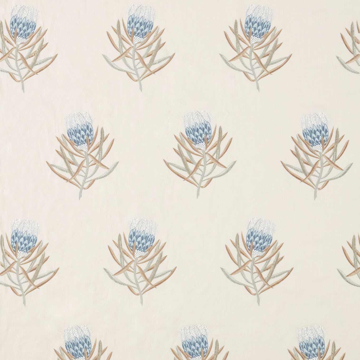 Protea Flower China Blue/Linen Fabric by SAN