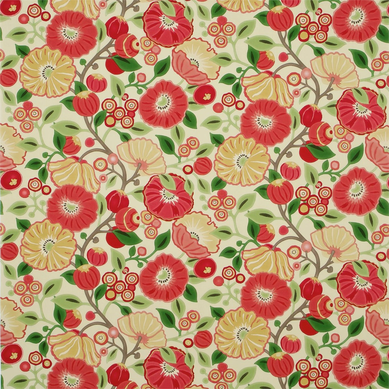 Tree Poppy Tomato/Olive Fabric by SAN