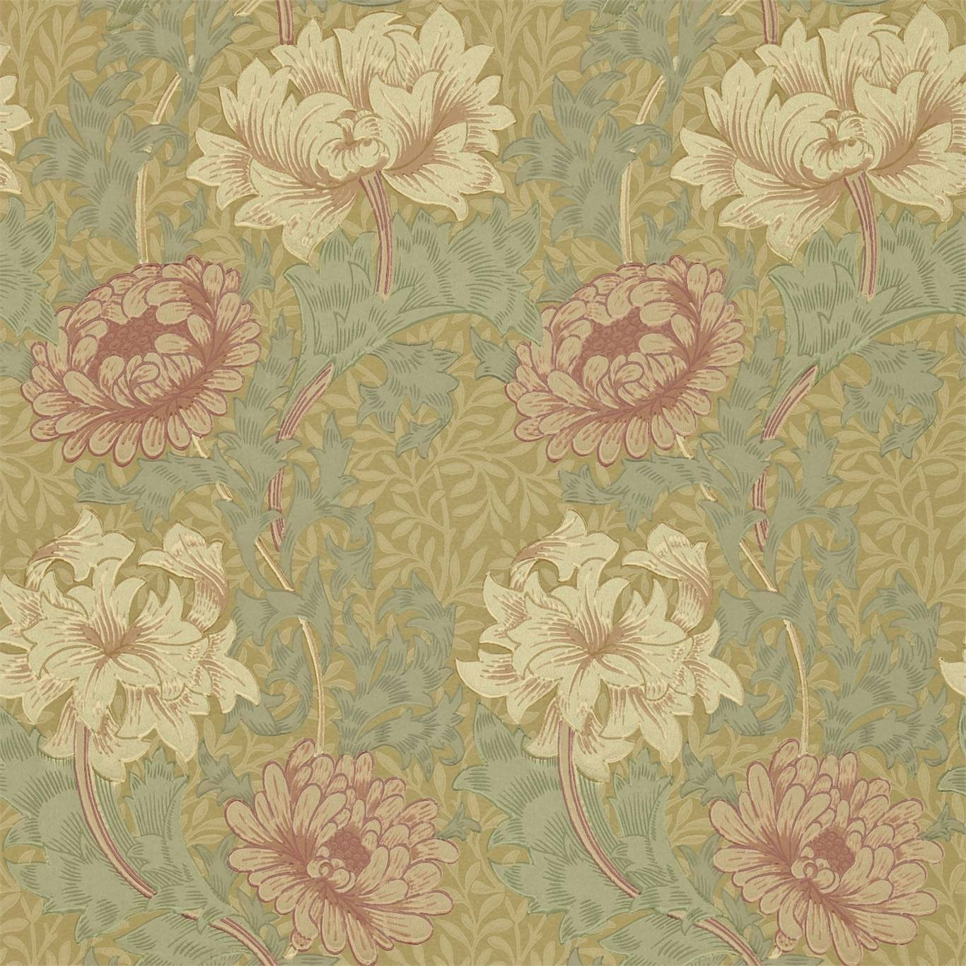 Chrysanthemum Pink/Yellow/Green Wallpaper by MOR