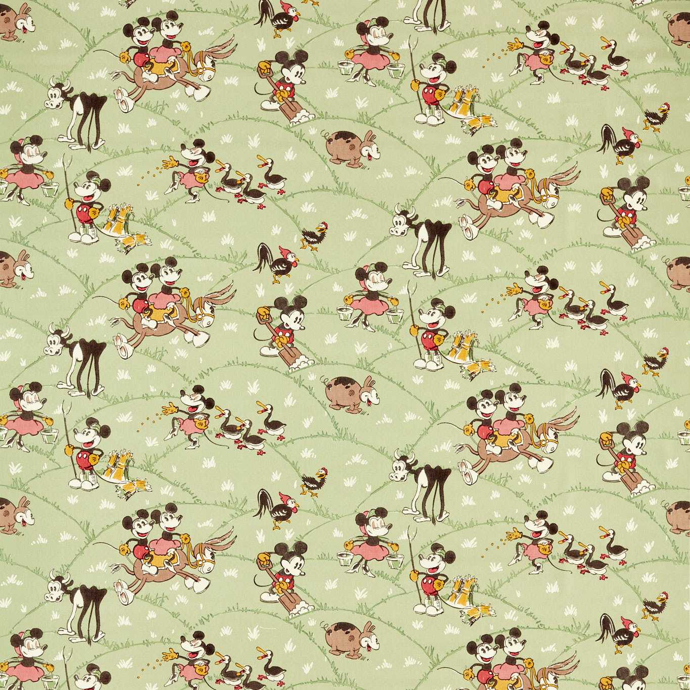 Mickey At The Farm Macaron Green Fabric by SAN