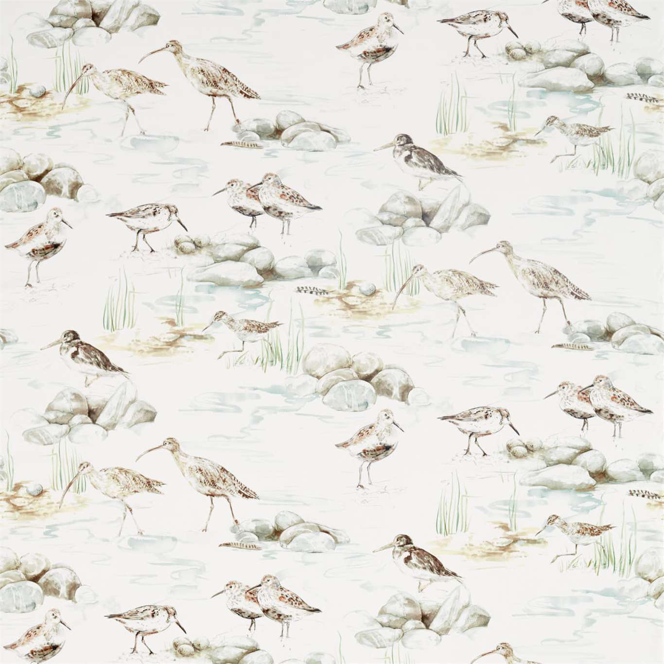 Estuary Birds Mist/Ivory Fabric by SAN