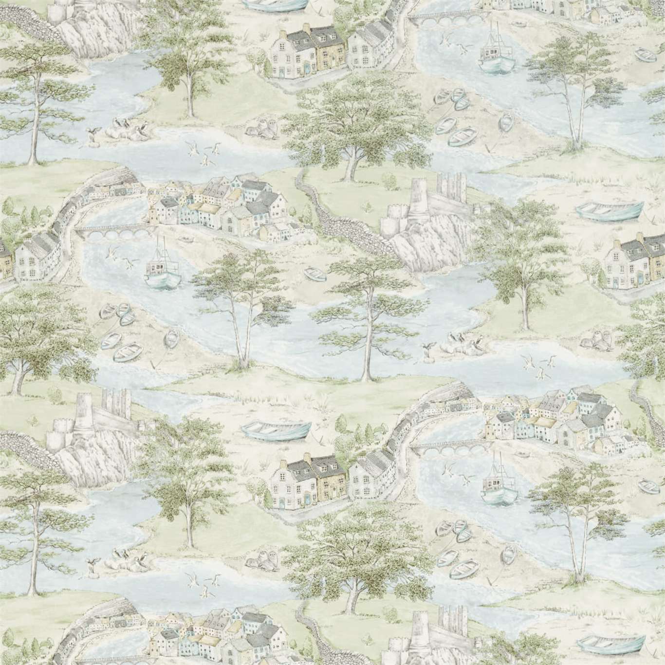 Sea Houses Tidewater Blue Fabric by SAN