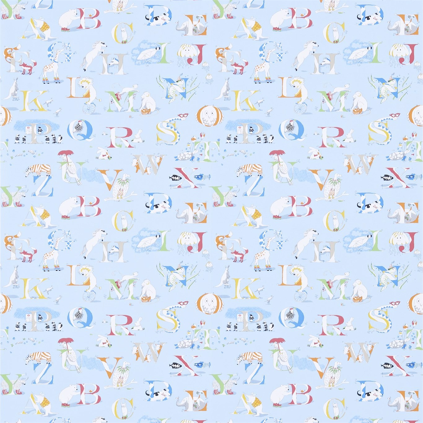 Alphabet Zoo Powder Blue/Multi Wallpaper by SAN