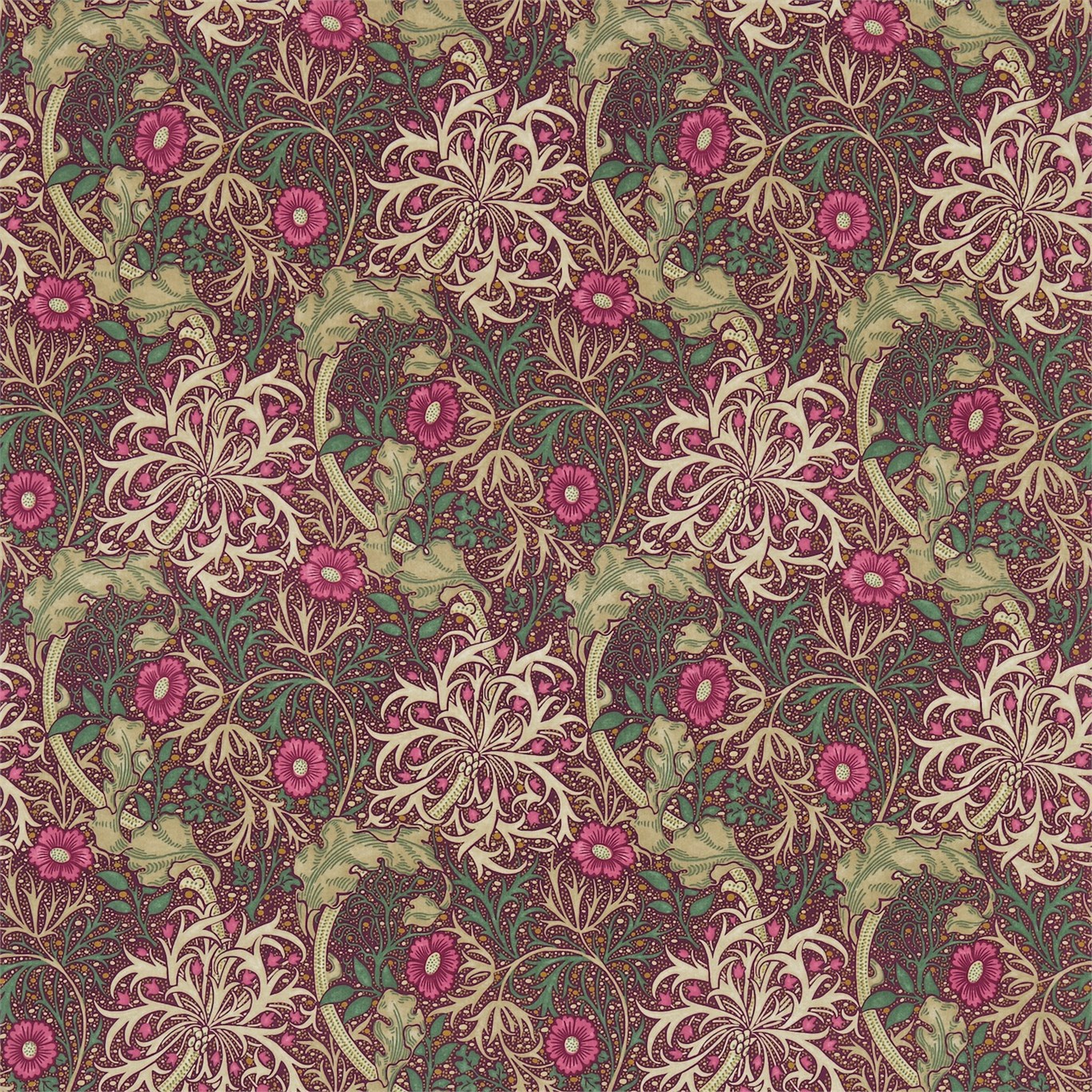 Morris Seaweed Aubergine/Bayleaf Fabric by MOR