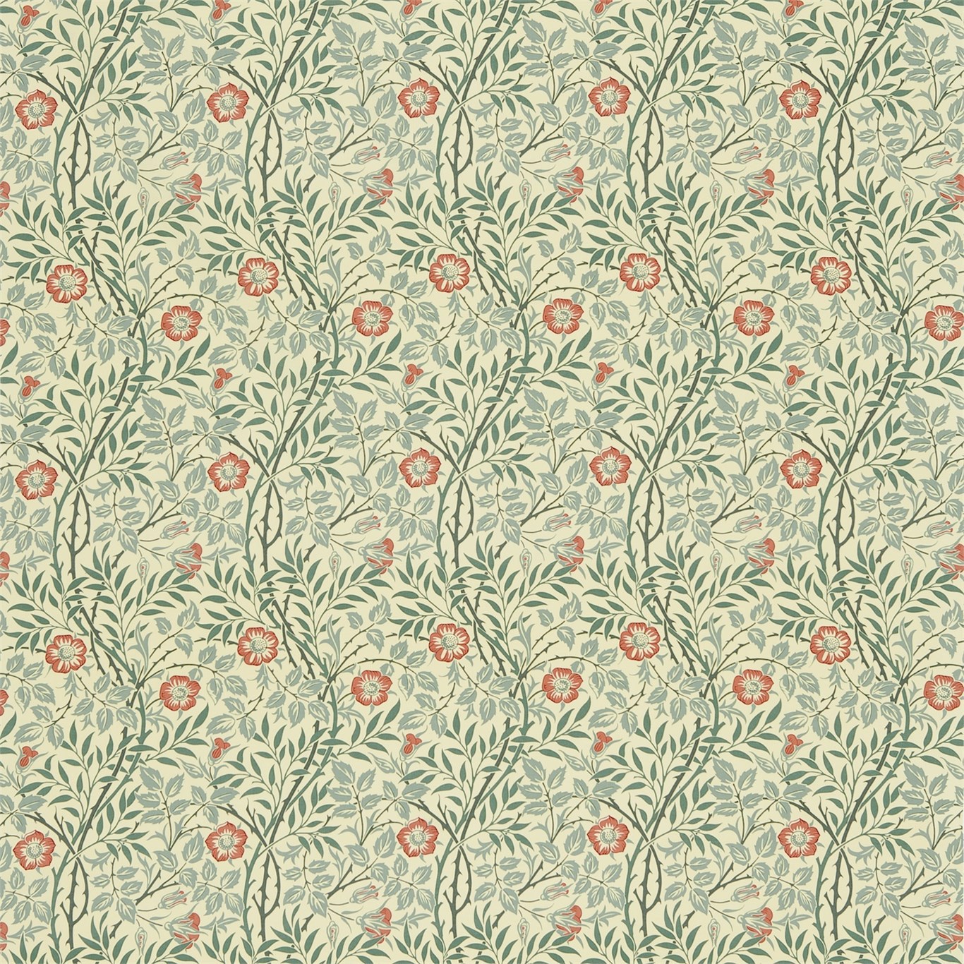 Sweet Briar Green/Coral Fabric | Morris & Co by Sanderson Design