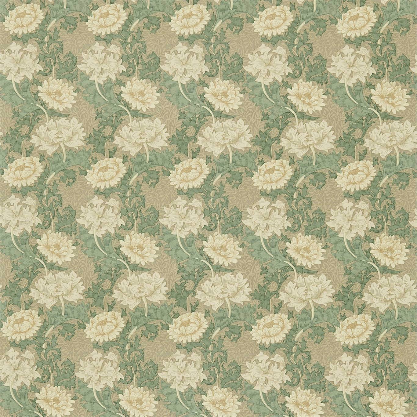 Chrysanthemum Green/Ivory Fabric by MOR