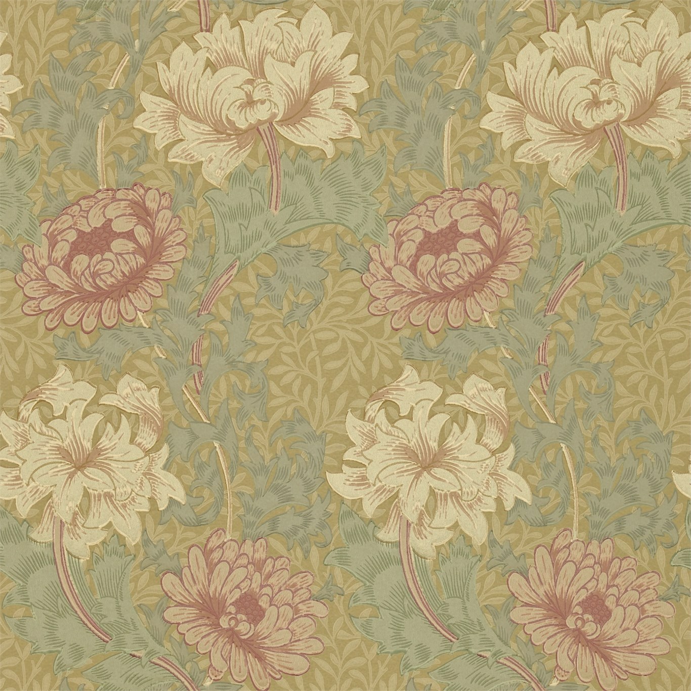 Chrysanthemum Pink/Yellow/Green Wallpaper Morris & Co by Sanderson Design