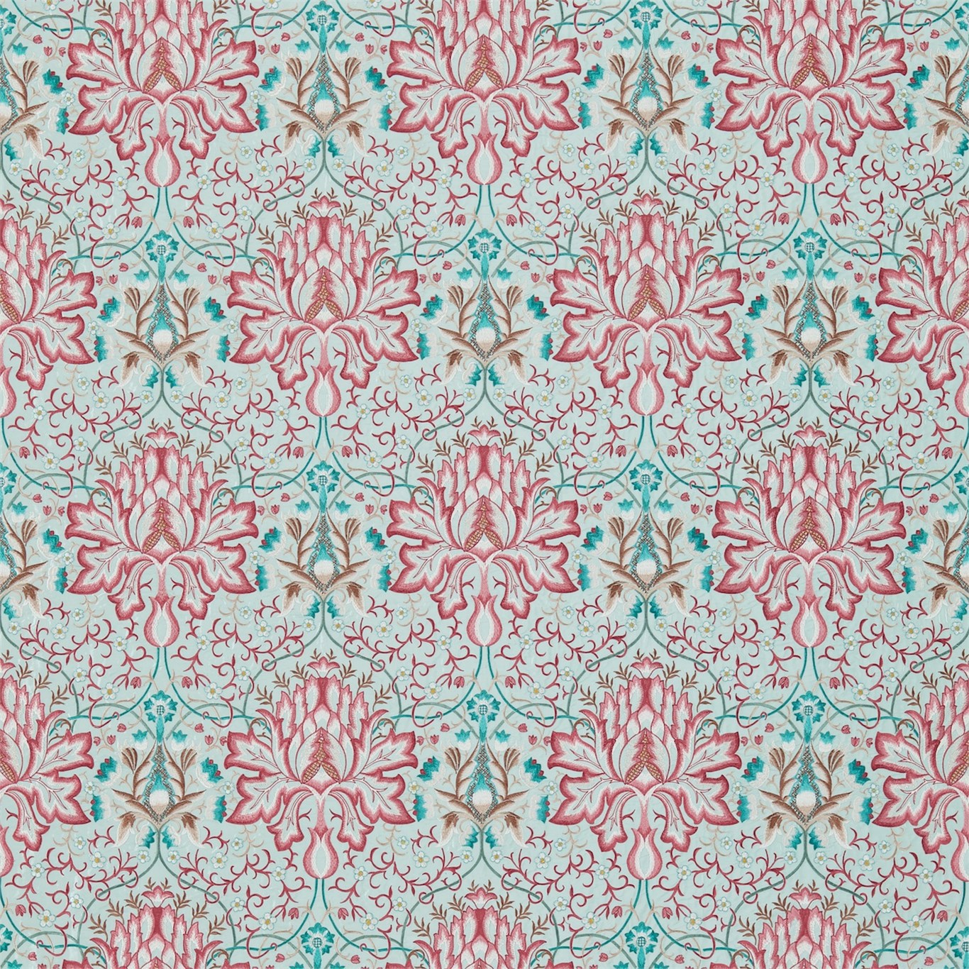 Artichoke Embroidery Aqua/Coral Fabric by MOR