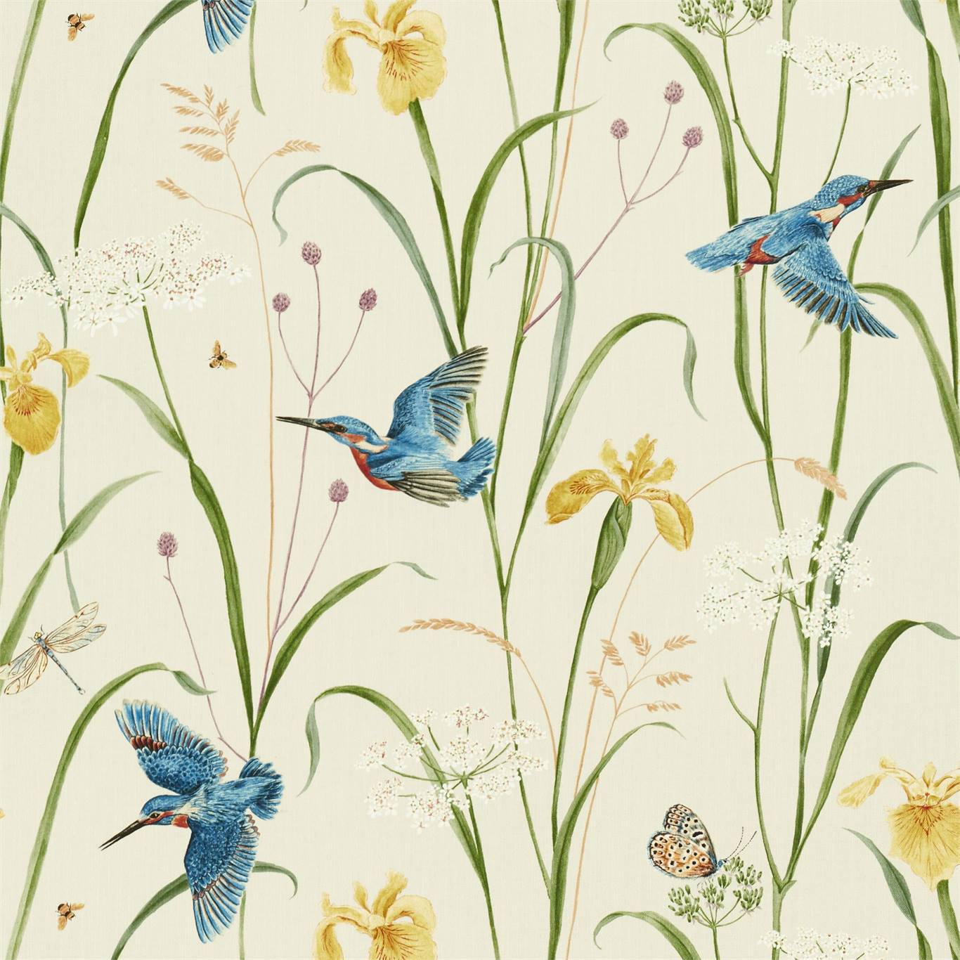 Kingfisher & Iris Azure/Linen Fabric by SAN