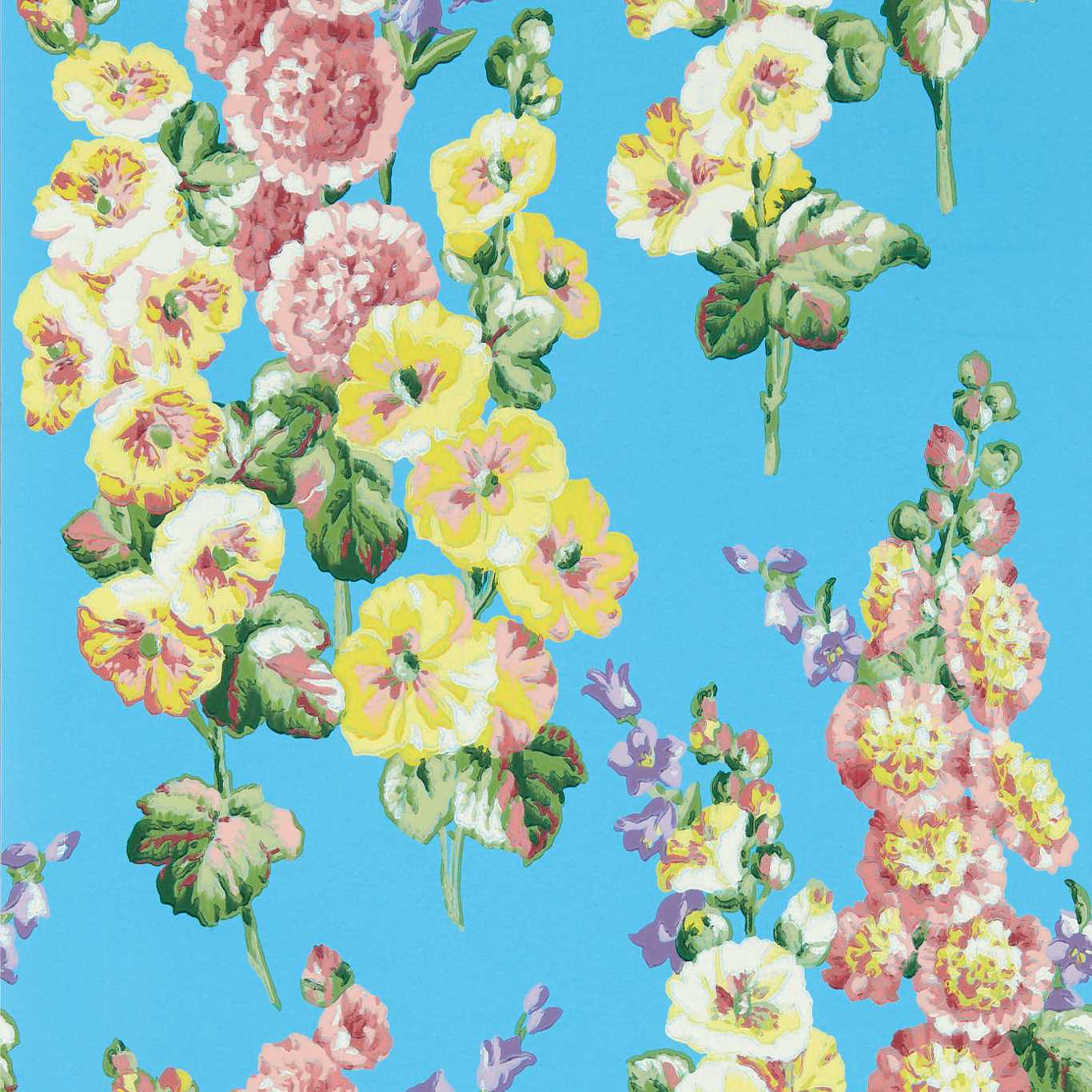 Hollyhocks Fire Pink/Bright Blue Wallpaper by SAN