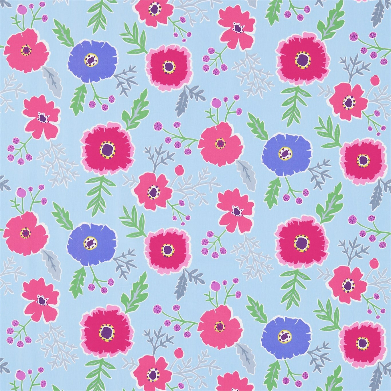 Wind Poppies Powder Blue/Fuchsia Fabric by SAN