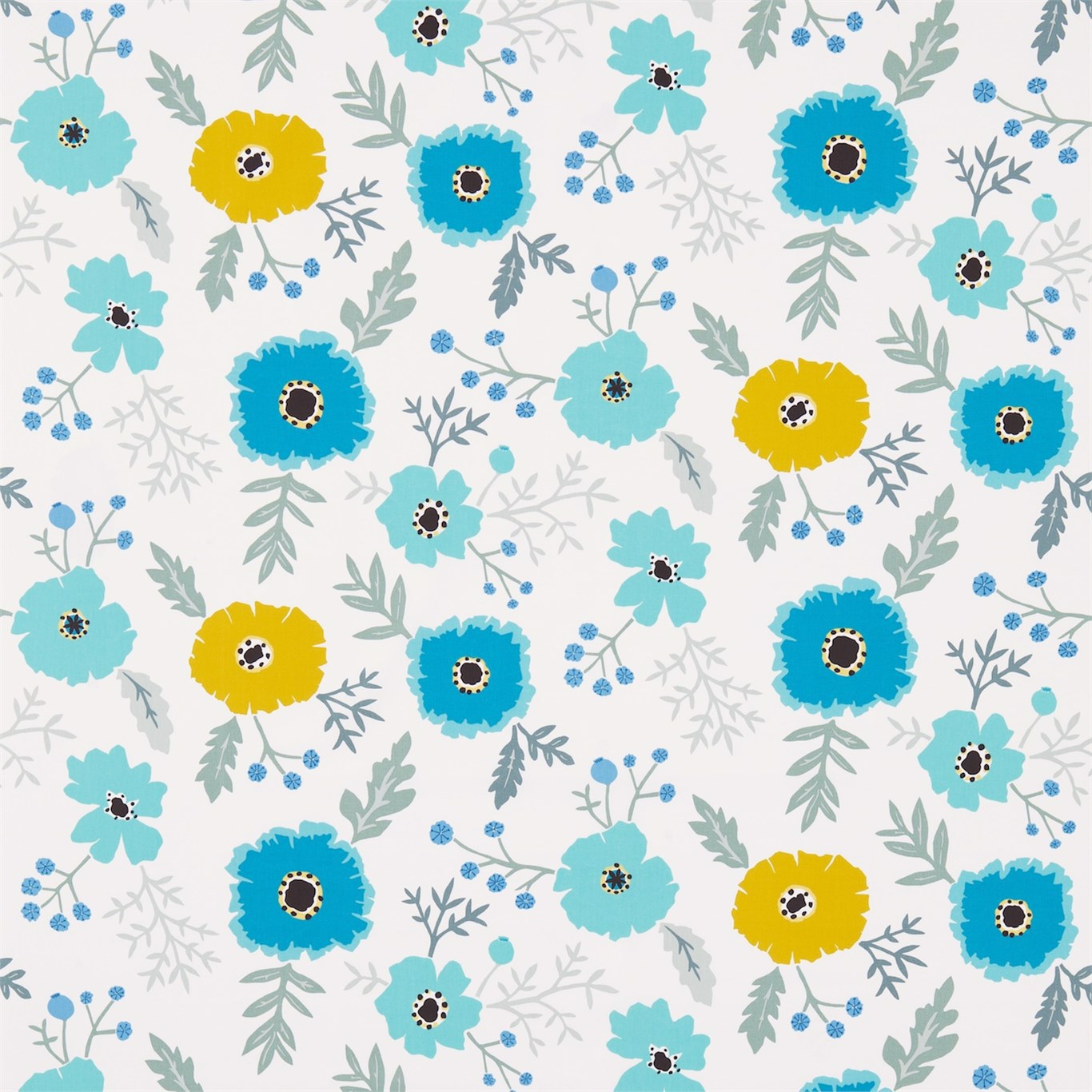 Wind Poppies Cadmium/Teal Fabric by SAN