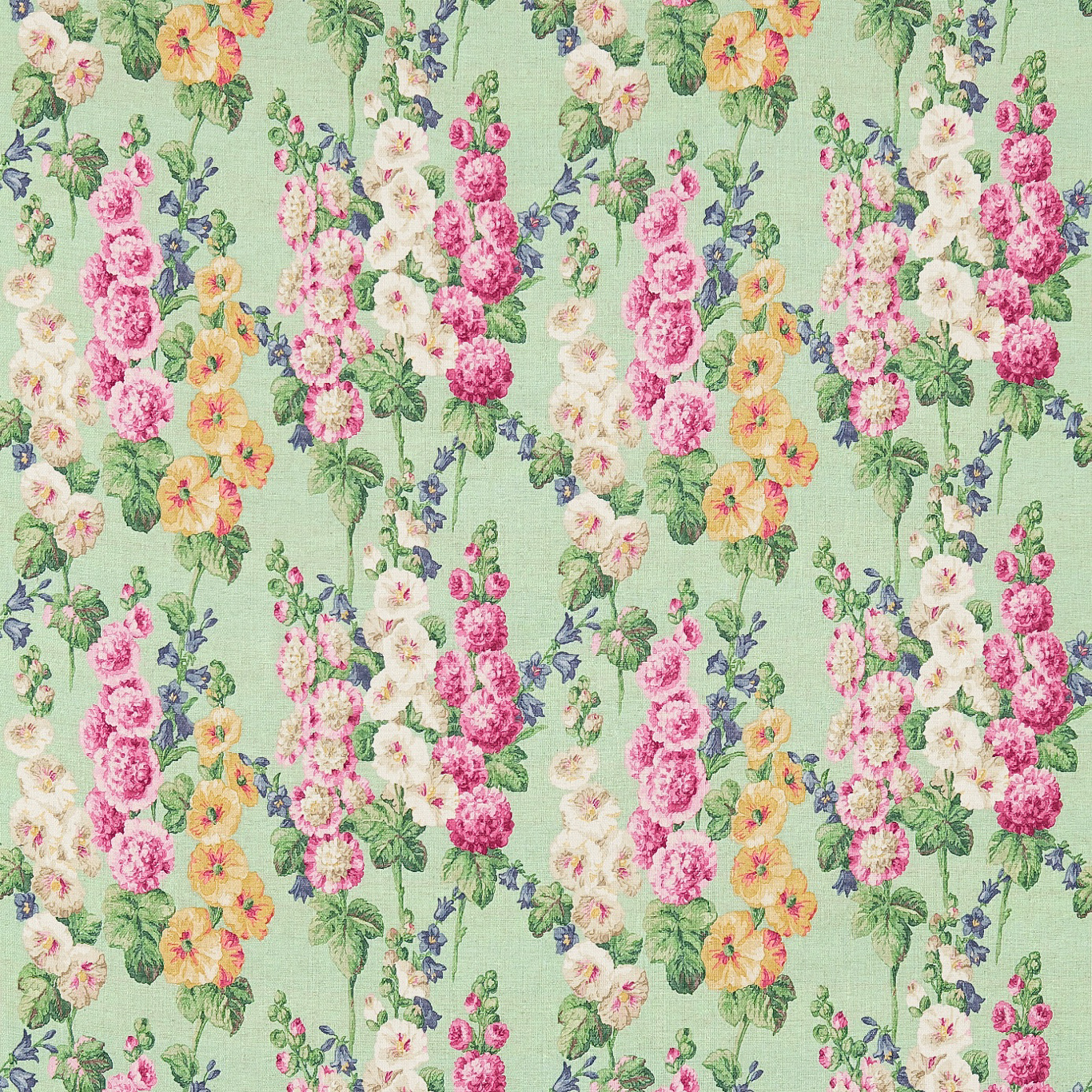 Hollyhocks Mint/Pink Fabric by SAN