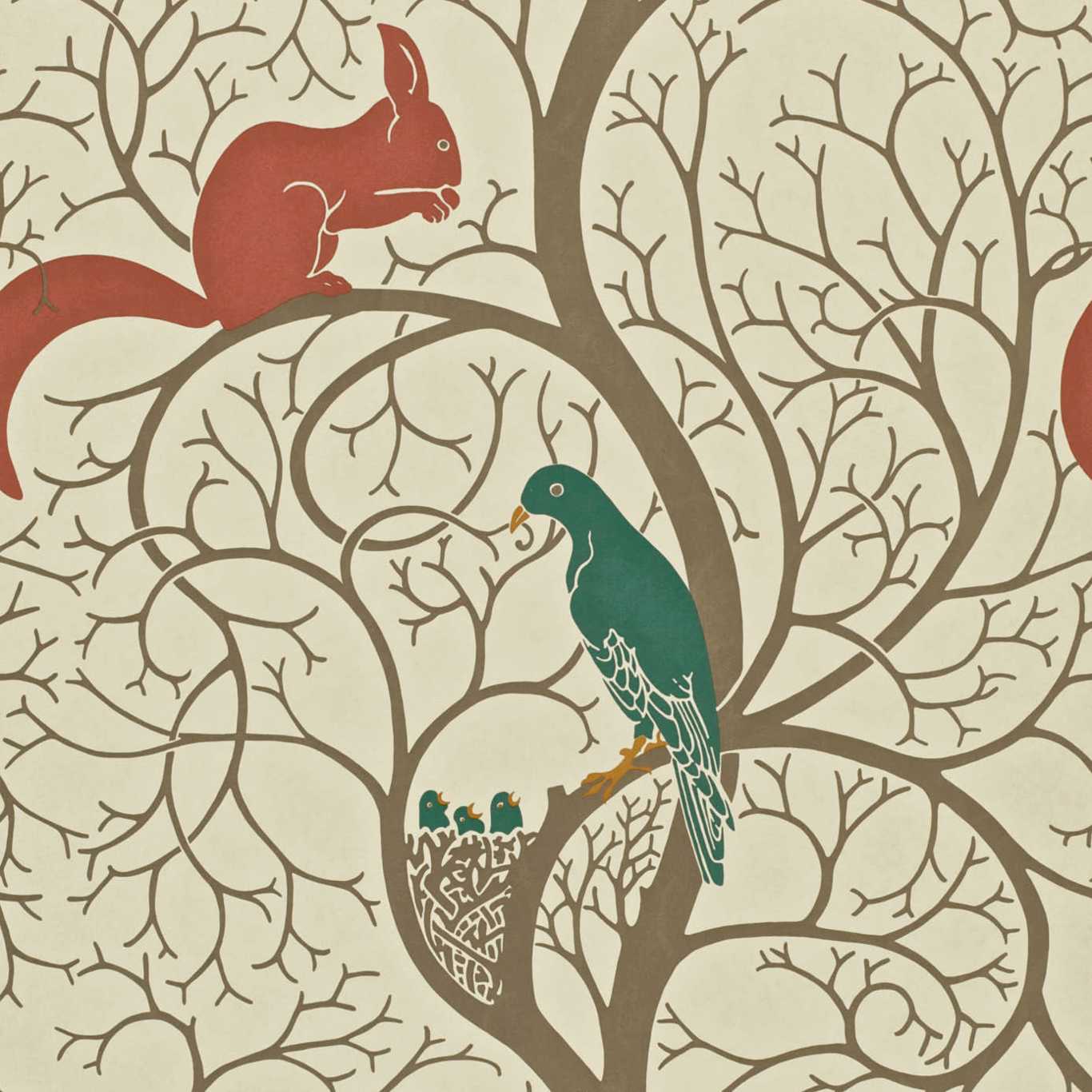 Squirrel & Dove Teal/Red Wallpaper by SAN