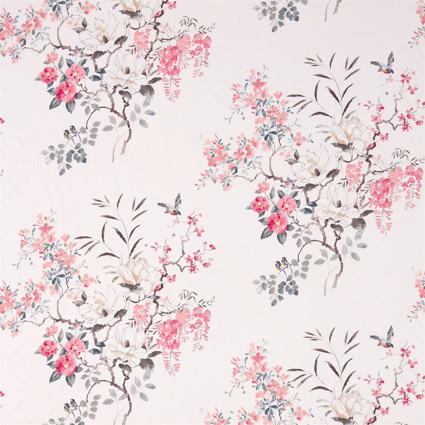 Magnolia & Blossom Coral/Silver Fabric by SAN