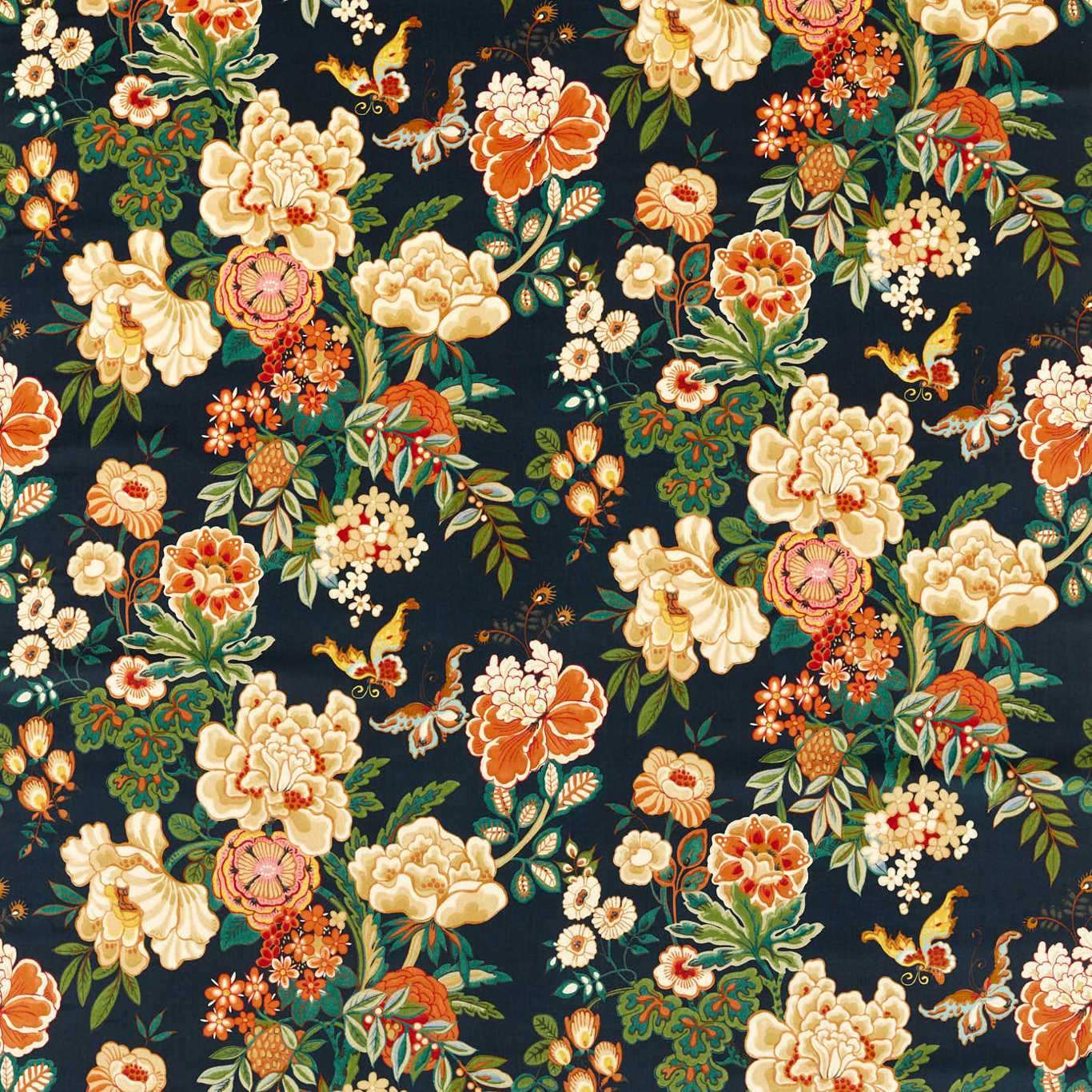 Emperor Peony Midnight/Apricot Fabric by SAN