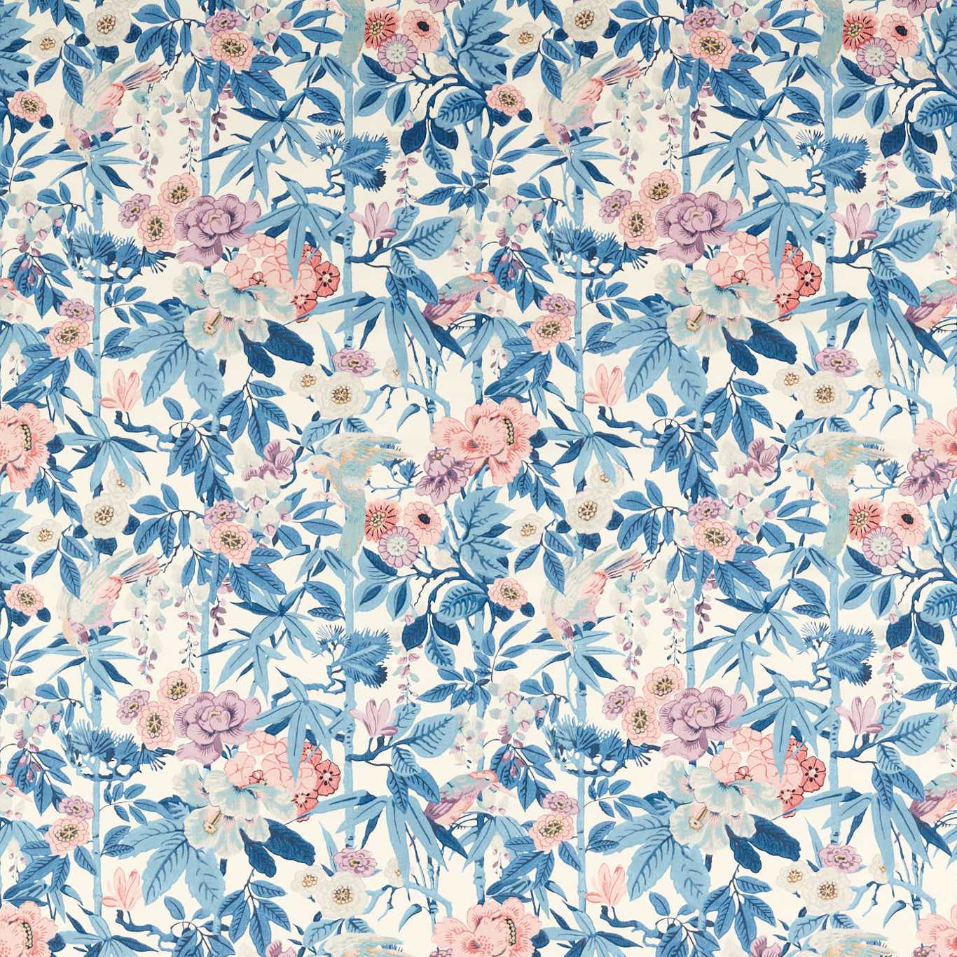 Bamboo & Bird China Blue /Lotus Pink Fabric by SAN