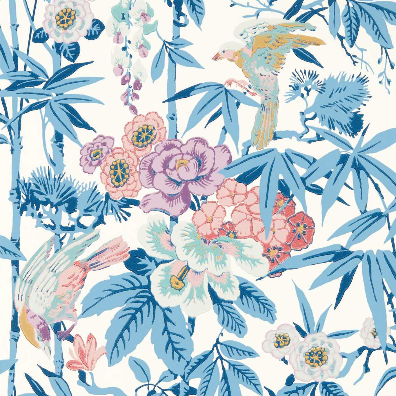Bamboo & Birds China Blue /Lotus Pink Wallpaper by SAN