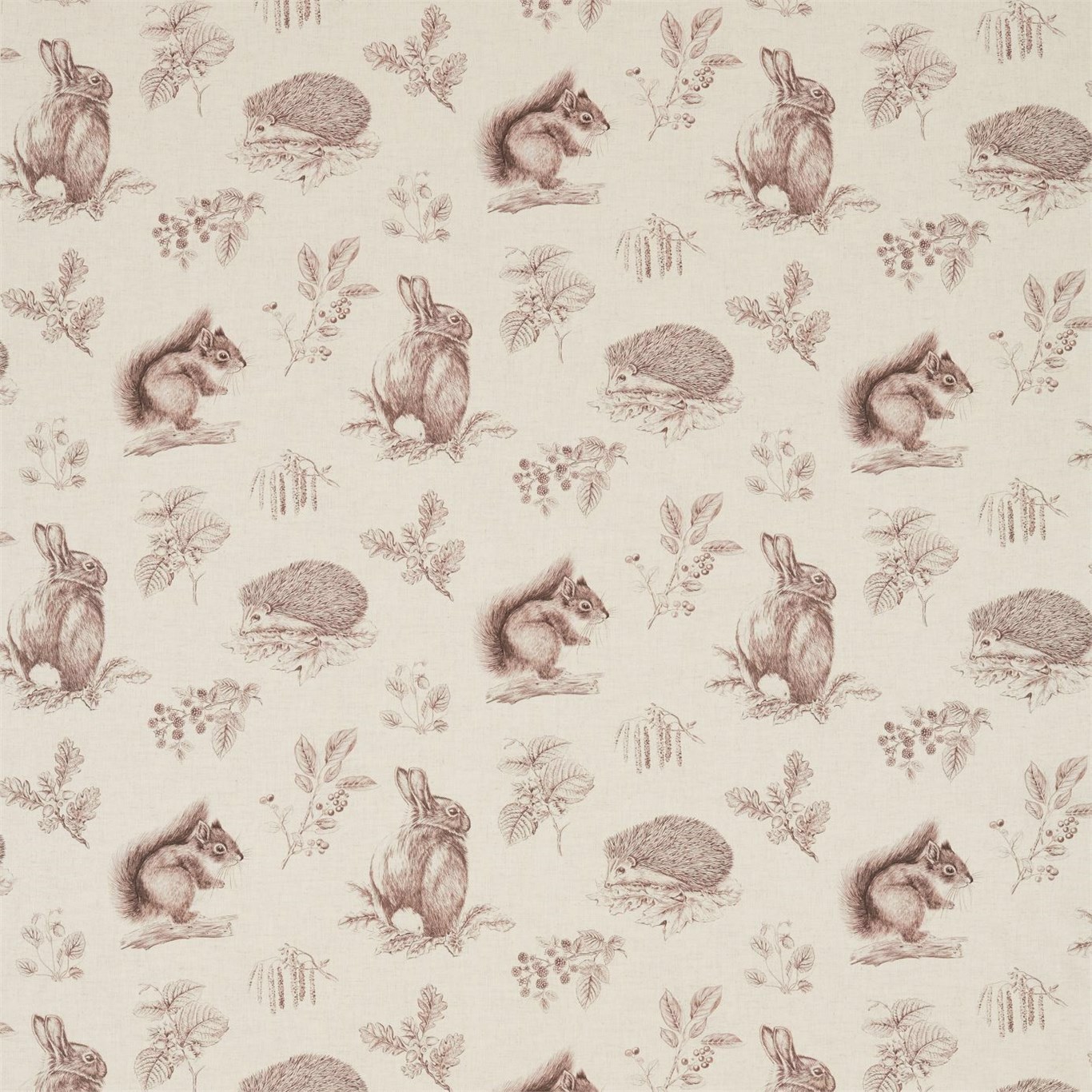 Squirrel & Hedgehog Walnut/Linen Fabric by SAN