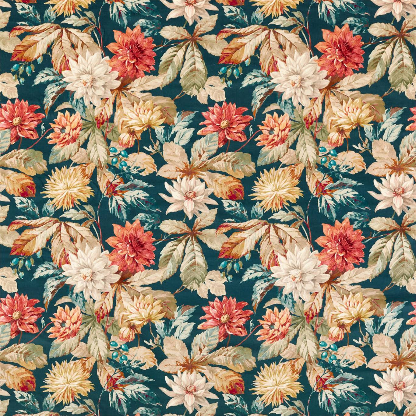 Dahlia & Rosehip Velvets Teal/Russet (Velvet) Fabric by SAN