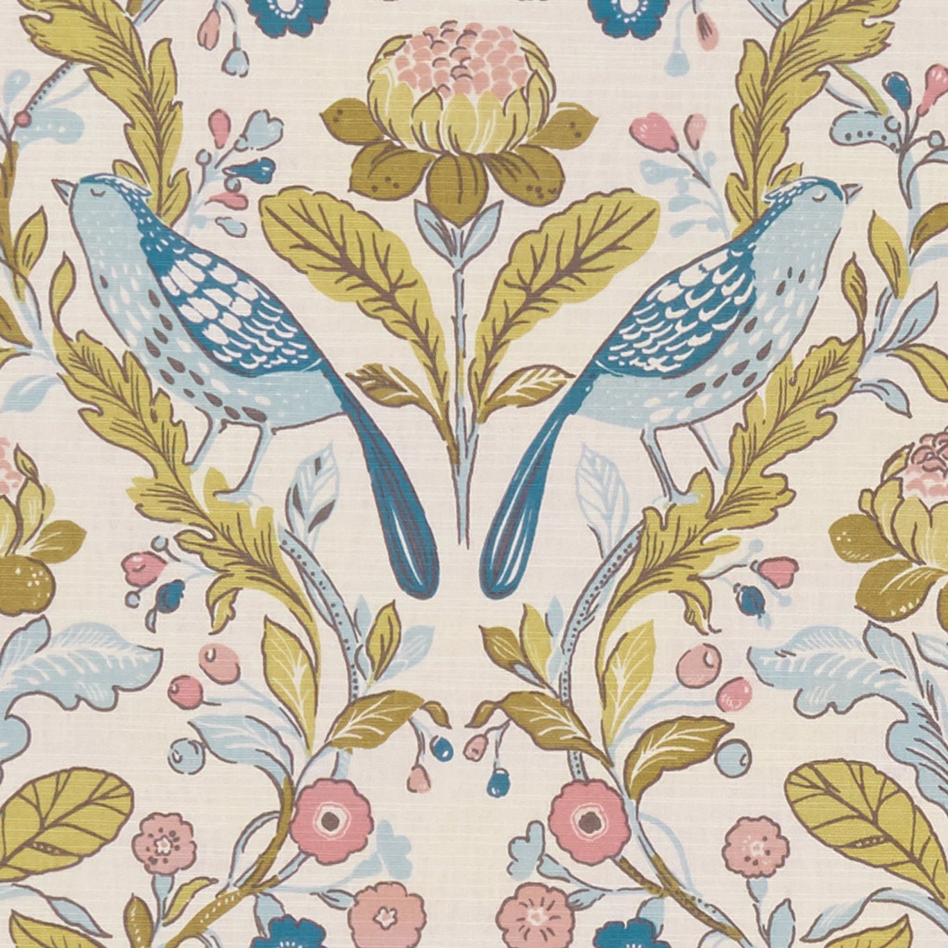 Orchard Birds Teal/Blush Fabric by CNC