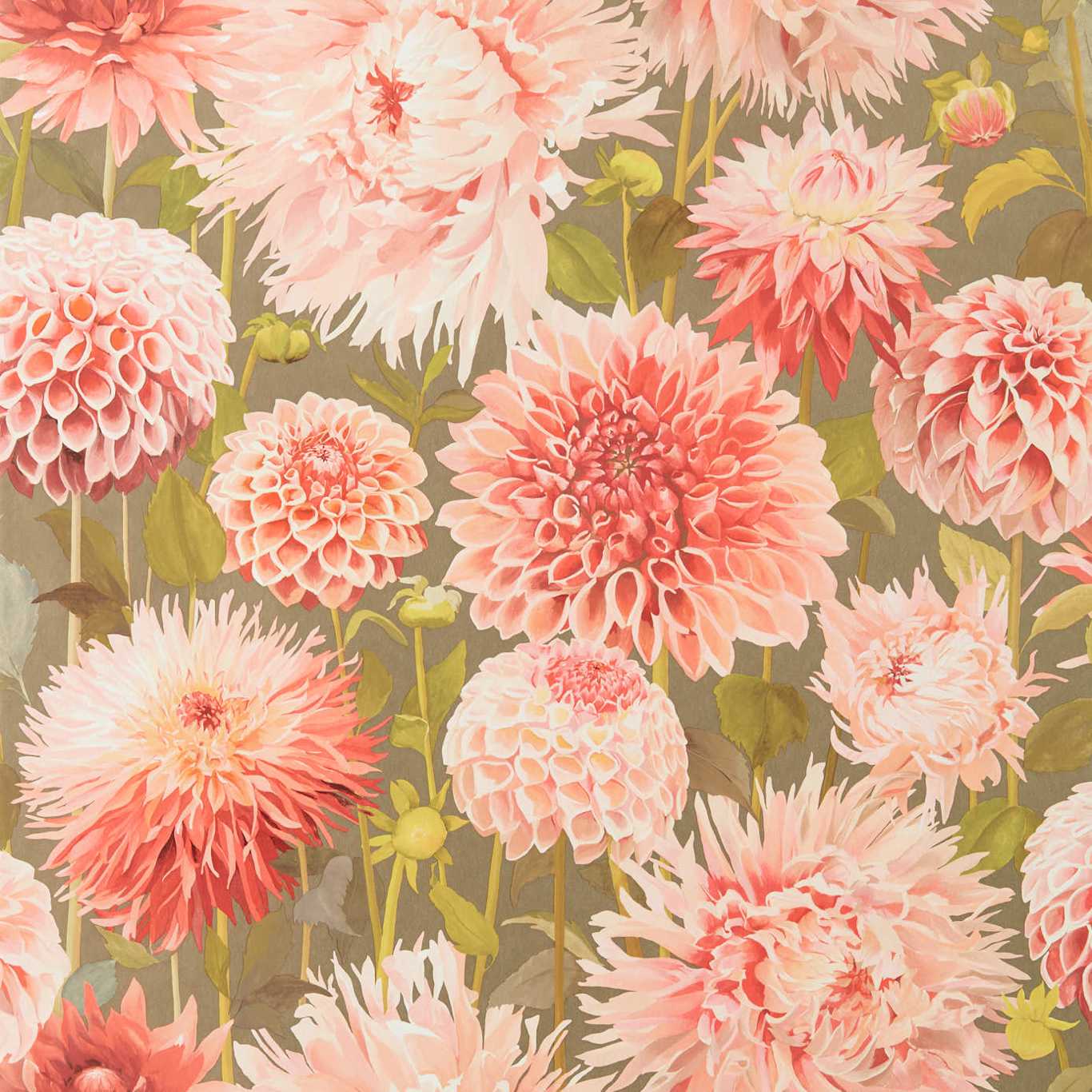 Dahlia Wide Width Coral/Fig Leaf/Gilver Wallpaper by HAR