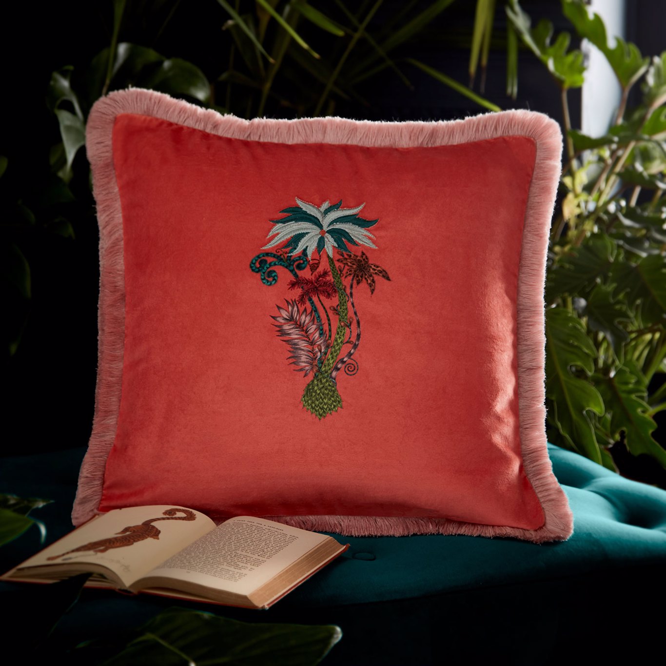 Jungle Palms Square Cushion Coral Bedding by CNC