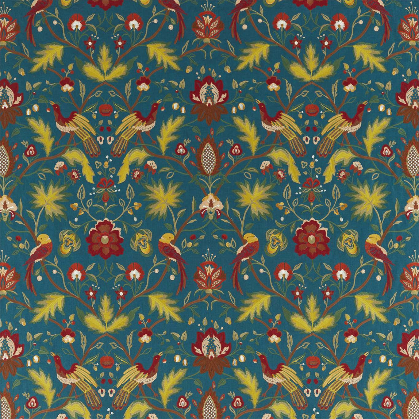 Oiseaux de Paradis Embroidery Prussian Blue Fabric by ZOF