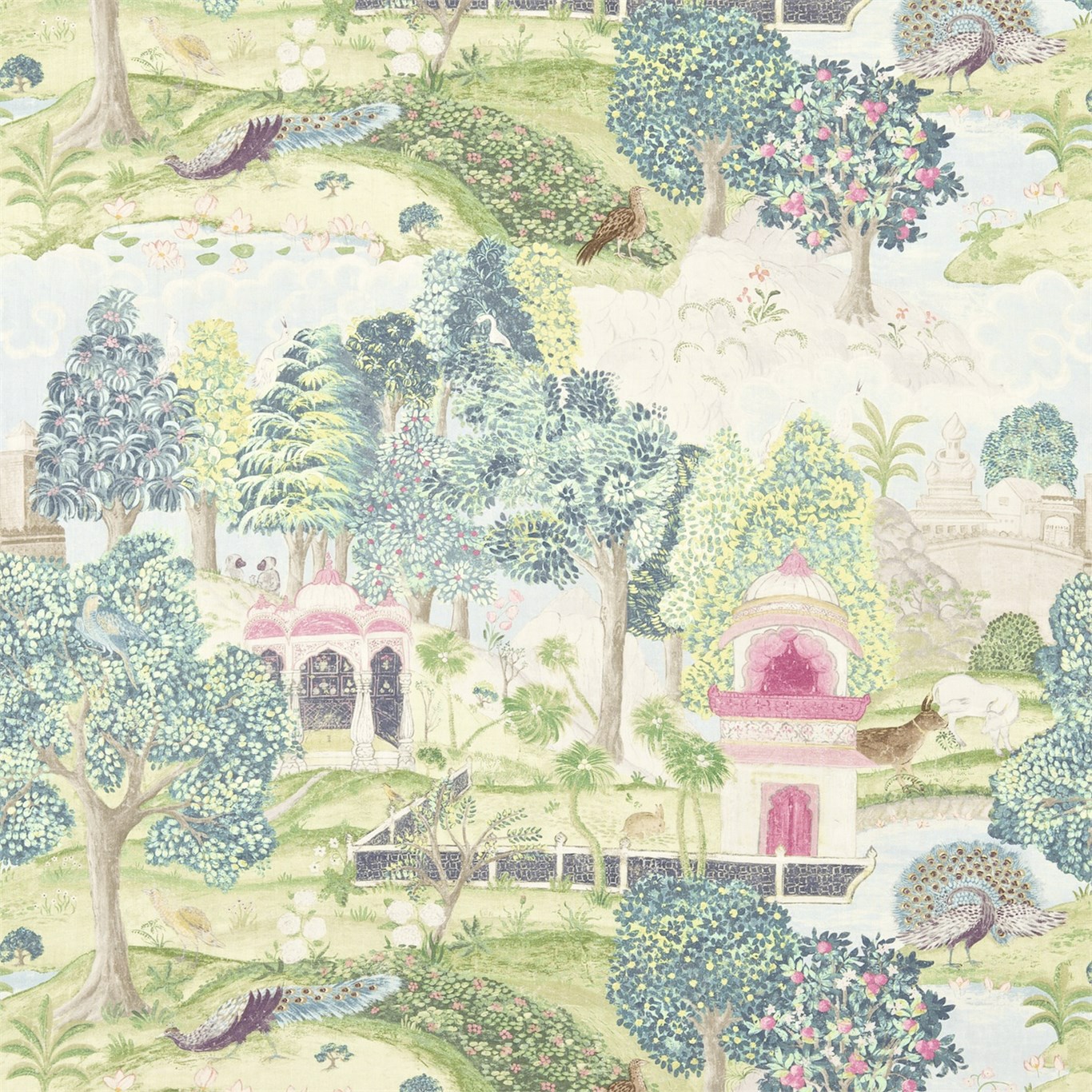 Peacock Garden Moss/Pink Fabric by ZOF