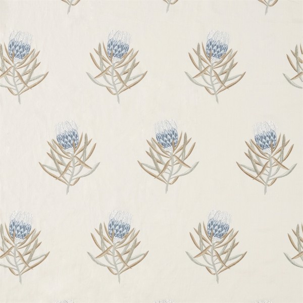 Protea Flower China Blue/Linen Fabric by Sanderson