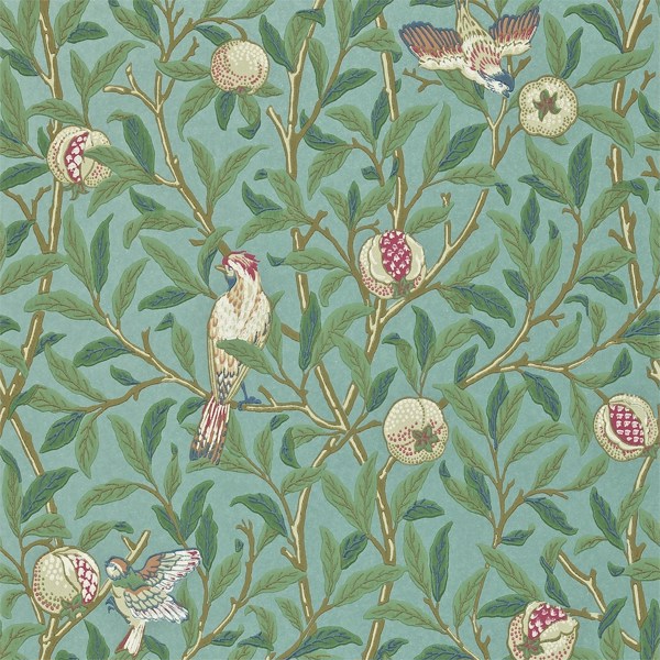 Bird & Pomegranate Turquoise/Coral Wallpaper by Morris & Co