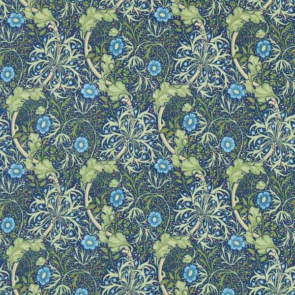 Morris Seaweed Cobalt/Thyme Fabric by Morris & Co