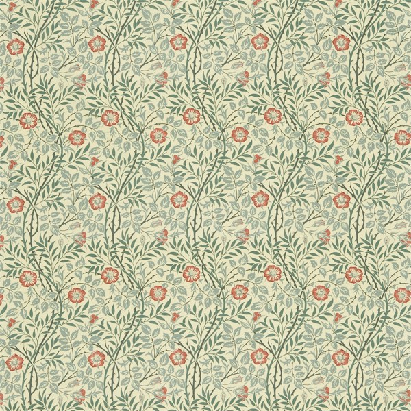 Sweet Briar Green/Coral Fabric by Morris & Co