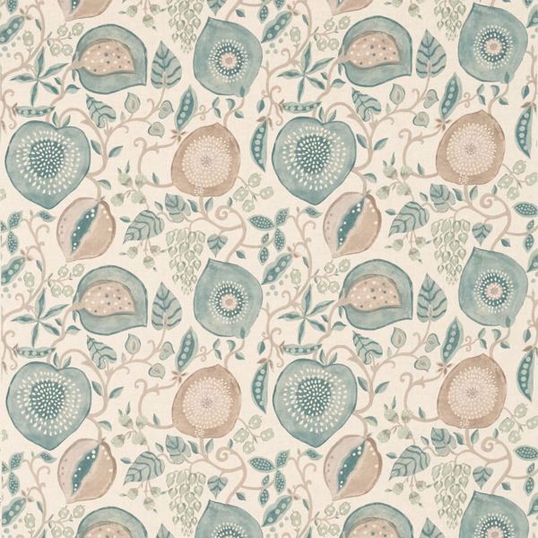 Peas & Pods Aqua/Natural Fabric by Sanderson