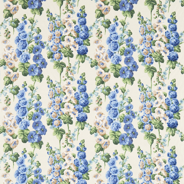 Hollyhocks Sapphire/Green Fabric by Sanderson