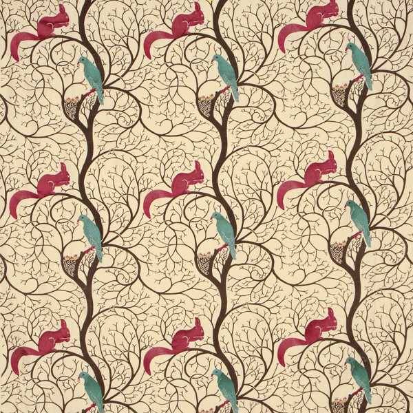 Squirrel & Dove Teal/Red Fabric by Sanderson