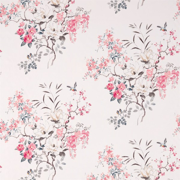 Magnolia & Blossom Coral/Silver Fabric by Sanderson