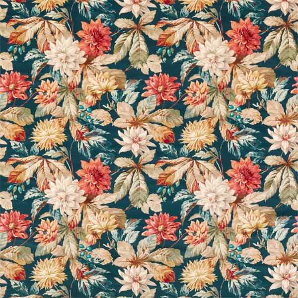 Dahlia & Rosehip Velvets Teal/Russet (Velvet) Fabric by Sanderson