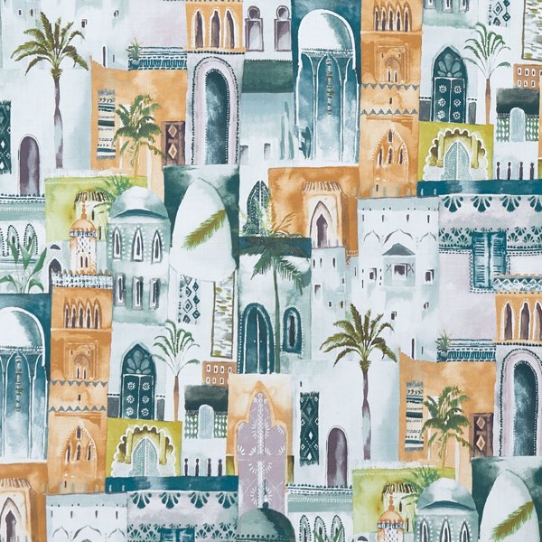 Marrakech Teal/Spice Fabric by Clarke & Clarke