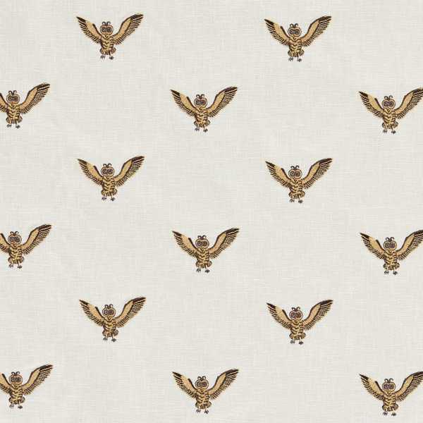 Owl of Athena Embroidery Gold Fabric by Clarke & Clarke