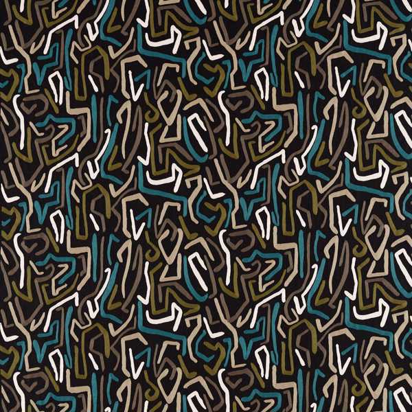 Synchronic Black Earth/Bleached Coral/Moss Fabric by Harlequin