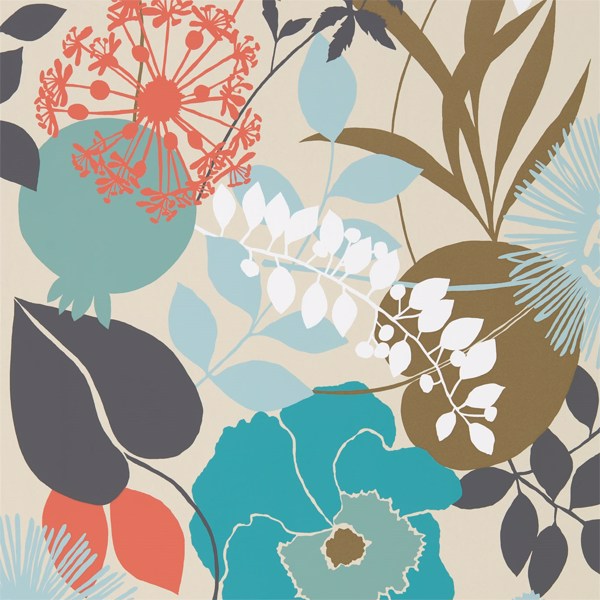 Doyenne Sky/Olive/Coral Wallpaper by Harlequin
