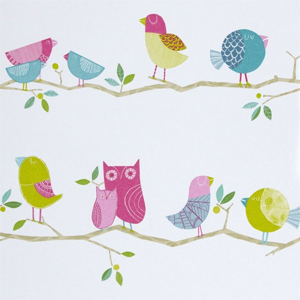 What A Hoot Pink Aqua Apple And Natural Wallpaper by Harlequin