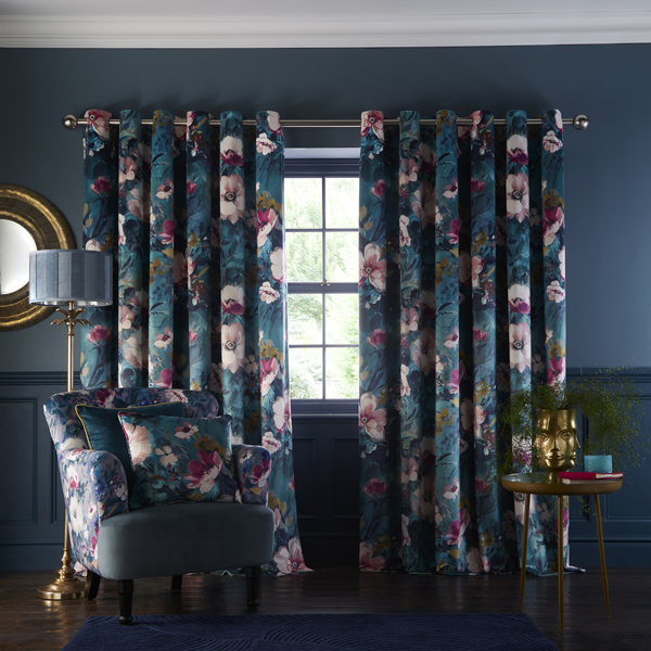 Bouquet Kingfisher Curtains by Clarke & Clarke