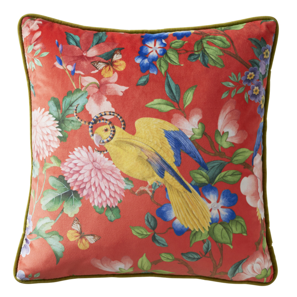 Golden Parrot Coaral Cushions by Clarke & Clarke