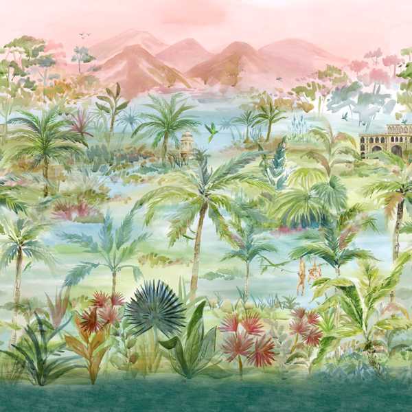 Kerala Mural Teal Wallpaper by Clarke & Clarke